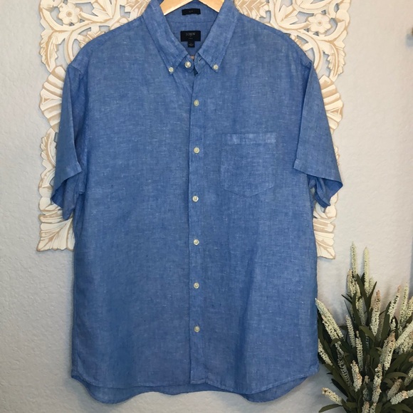 J. Crew Blue Linen Button Down Short Sleeve Shirt Large
